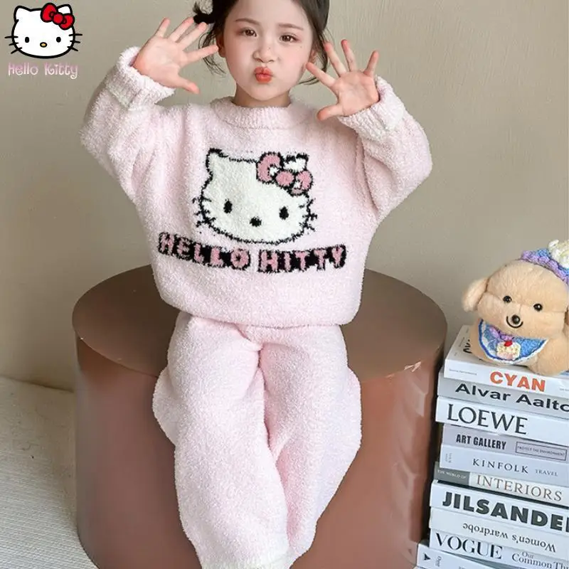 الخريف الشتاء الفتيات Kawaii هريرة الدافئة محبوك منامة مجموعة أنيمي النسخة الكورية الجديدة سميكة ملابس المنزل موضة قطعتين مجموعة