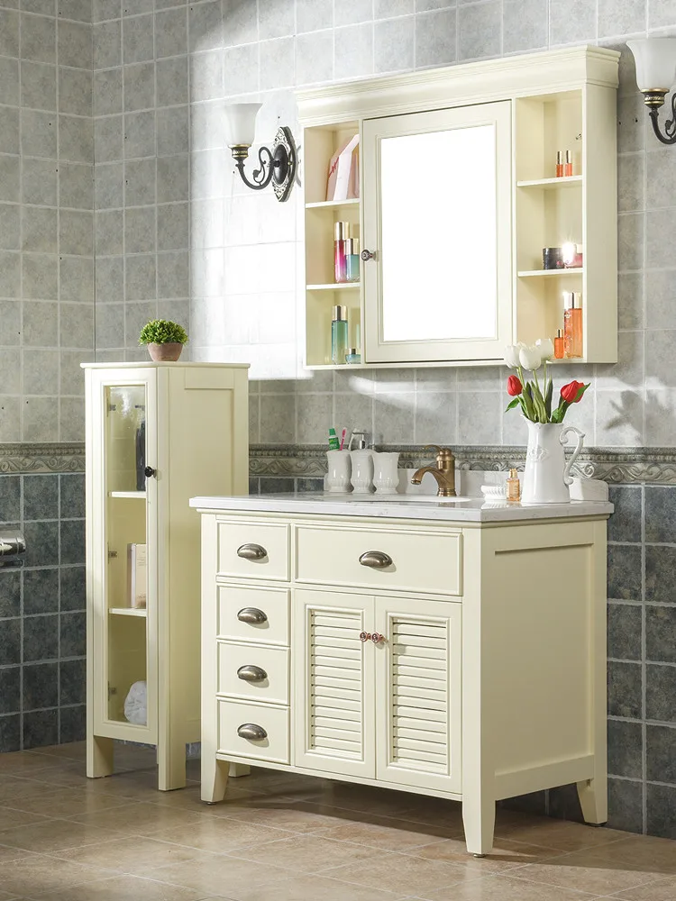 American solid wood bathroom combination floor-to-ceiling retro green washbasin  toilet basin cabinet