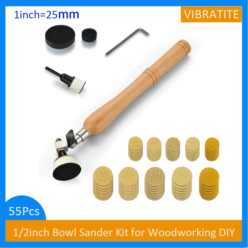 

1Inch 2 Inch Bowl Sander Kit with Hook & Loop Sanding Discs,Hardwood Handle,Foam Buffer pad, for Woodworking DIY Polishing 55Pcs