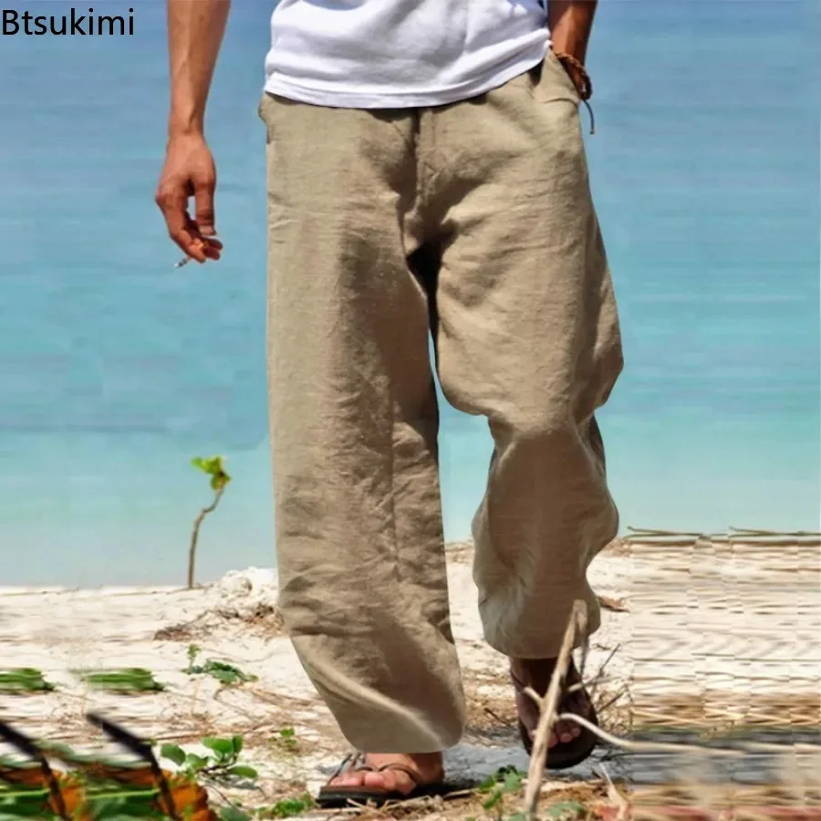 New Men's Summer Cotton Linen Pants Solid Breathable Loose Casual Beach Trousers Men Drawstring Straight Pants Fitness Joggers
