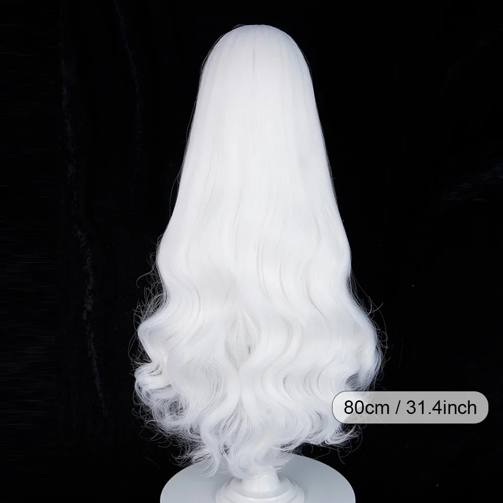 Daily Party White Long Wavy Anime Game Cosplay Synthetic Wigs with Bangs Fluffy Heat Resistant Wig
