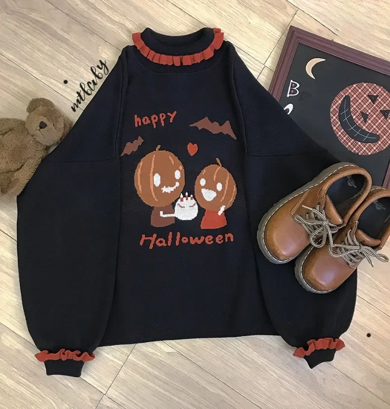 Harajuku Cartoon Pumpkin Sweaters Women Vintage Lace Neck Long Lantern Sleeve Pullovers 2024 Autumn Winter Chic Streetwear Mujer