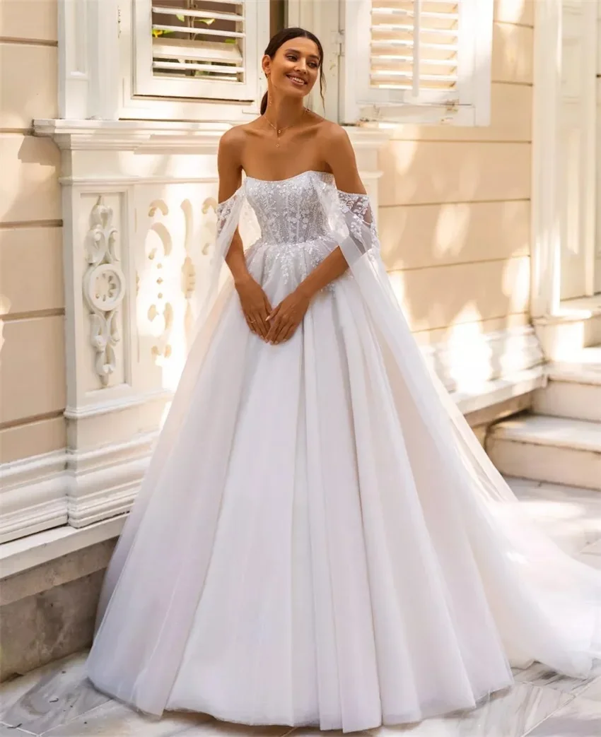 Boho Strapless Long Tulle Sleeves A Line Wedding Dresses Sweep Train Bridal Gowns Princess Marriage Appliques Vestidos De Novia