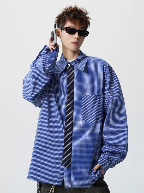 

Высококачественная мужская рубашка с длинным рукавом в клетку на пуговицах, весенняя модная модель TANGZ STUDIO с эффектом двухслойности и дизайном галстука, приталенный крой