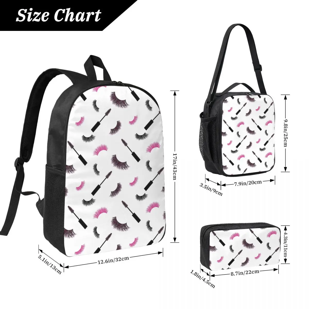 Lashes And Mascara With Pink Glitter Pattern Backpack BookBag School Bag Shoulder Bags 3ps Insulated Lunch Bag Pencil Case