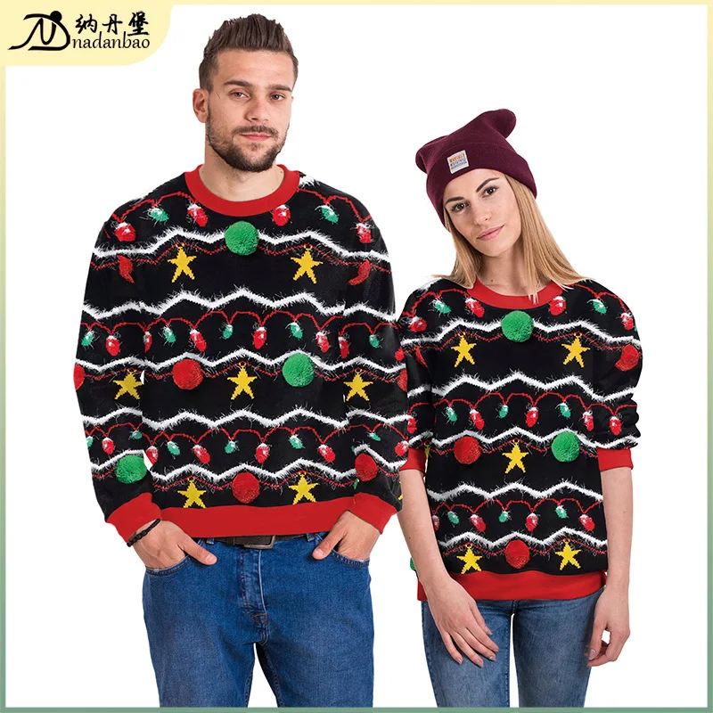 2024 New 3D Digital Christmas Bell, Light Bulb Round Neck Hoodie, Printed Men's And Women's Couple Outfit