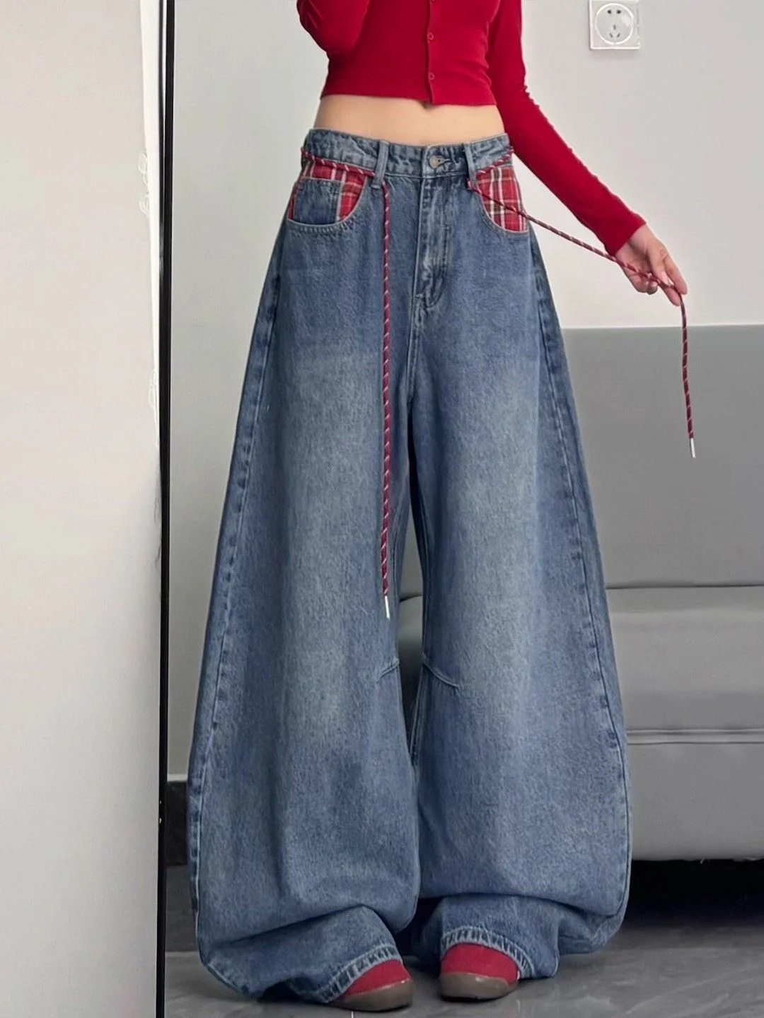 Korean Plaid Spliced Jeans Women High Waist Oversized Wide Leg Pants 2026 Autumn Elegant Commuter Floor-Length Denim Trousers