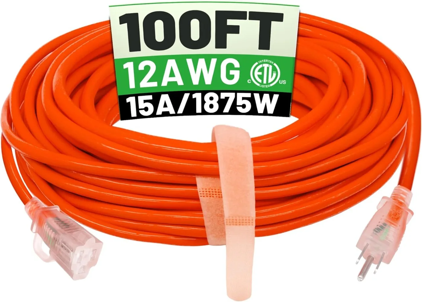 100 Ft Outdoor Extension Cord Waterproof Heavy Duty with Lighted Indicator End 12 Gauge 3 Prong, Flexible Cold-Resistant  Orange