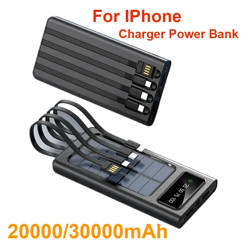 For IPhone New 20000 MAh Super Solar Waterproof Power Bank Built Cable Solar Charger Port External Charger Power Bank