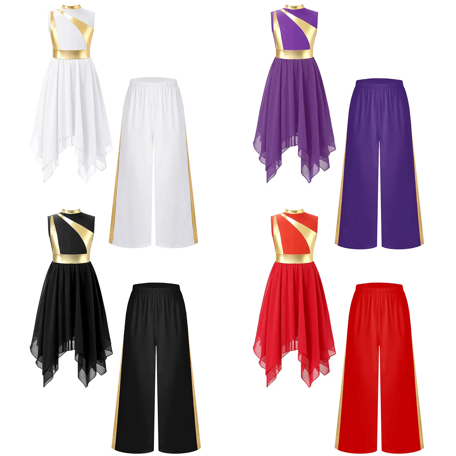 أطفال بنات الليتورجية الثناء الرقص مجموعات معدنية المرقعة أكمام غير متناظرة هيم فستان الكنيسة الغنائية مع بنطال ذو قصة أرجل واسعة