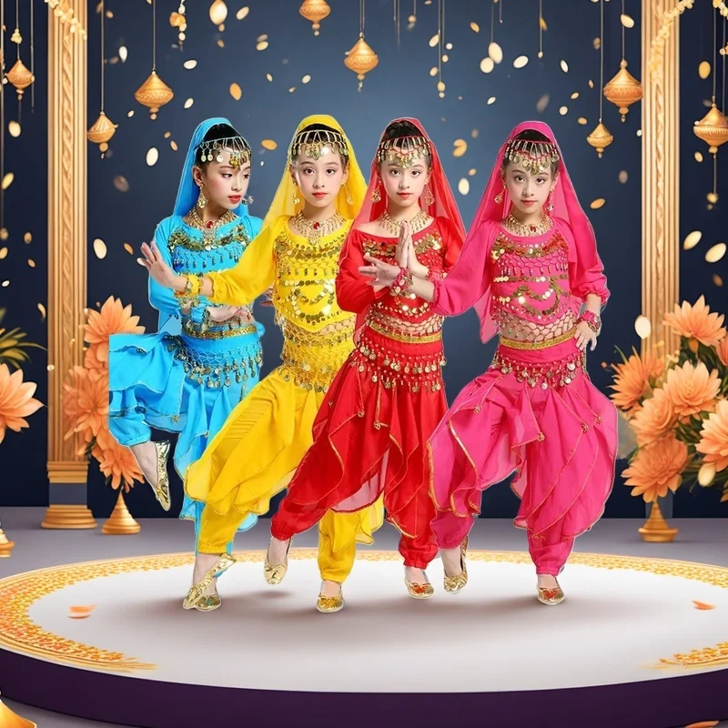 Abbigliamento da ballo Set di costumi di danza del ventre per bambini Vestito di fiori indiani per ragazze 6 pezzi (copricapo di velo con gonna e cintura superiore)