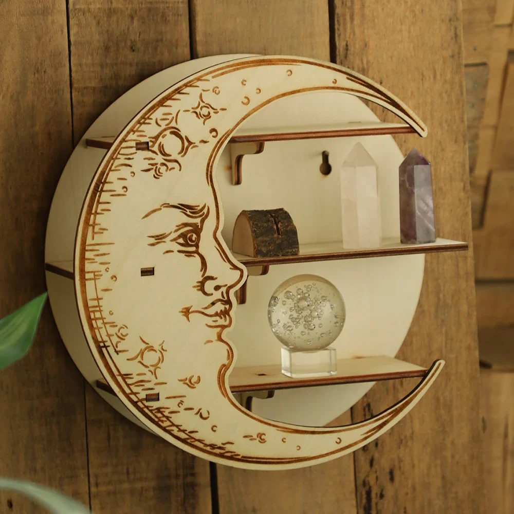 Crystal Display Wooden Shelf Moon Face Hanging Wall Jewelry Holder Bohemian Home Decor Floating Stand Shelves Room Decoration