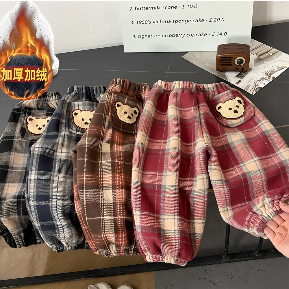 Autumn Winter Thicken Warm Toddler Kids Plaid Trousers Boys and Girls Plus Cashmere Long Pant Children's Outdoor Casual Pant New