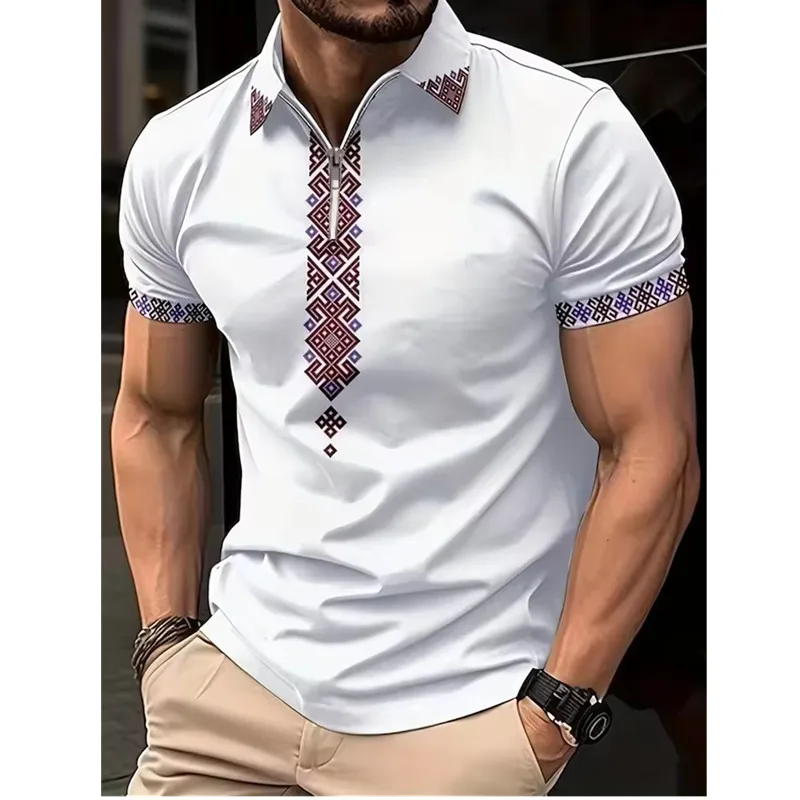 3D Vintage Ethnic Style Casual Polo Shirt Mens Big Size Big Size Short Sleeve Zip Printed Polos Fashion Outdoor Sport Polo Shirt image 5