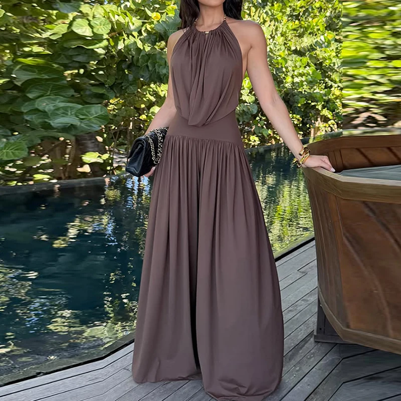 

2026 Casual Pleated Beach Outfits Sexy Women's Halter Sling Top and Wide Leg Pants Suit Summer Hollow Out Sleeveless Holiday Set