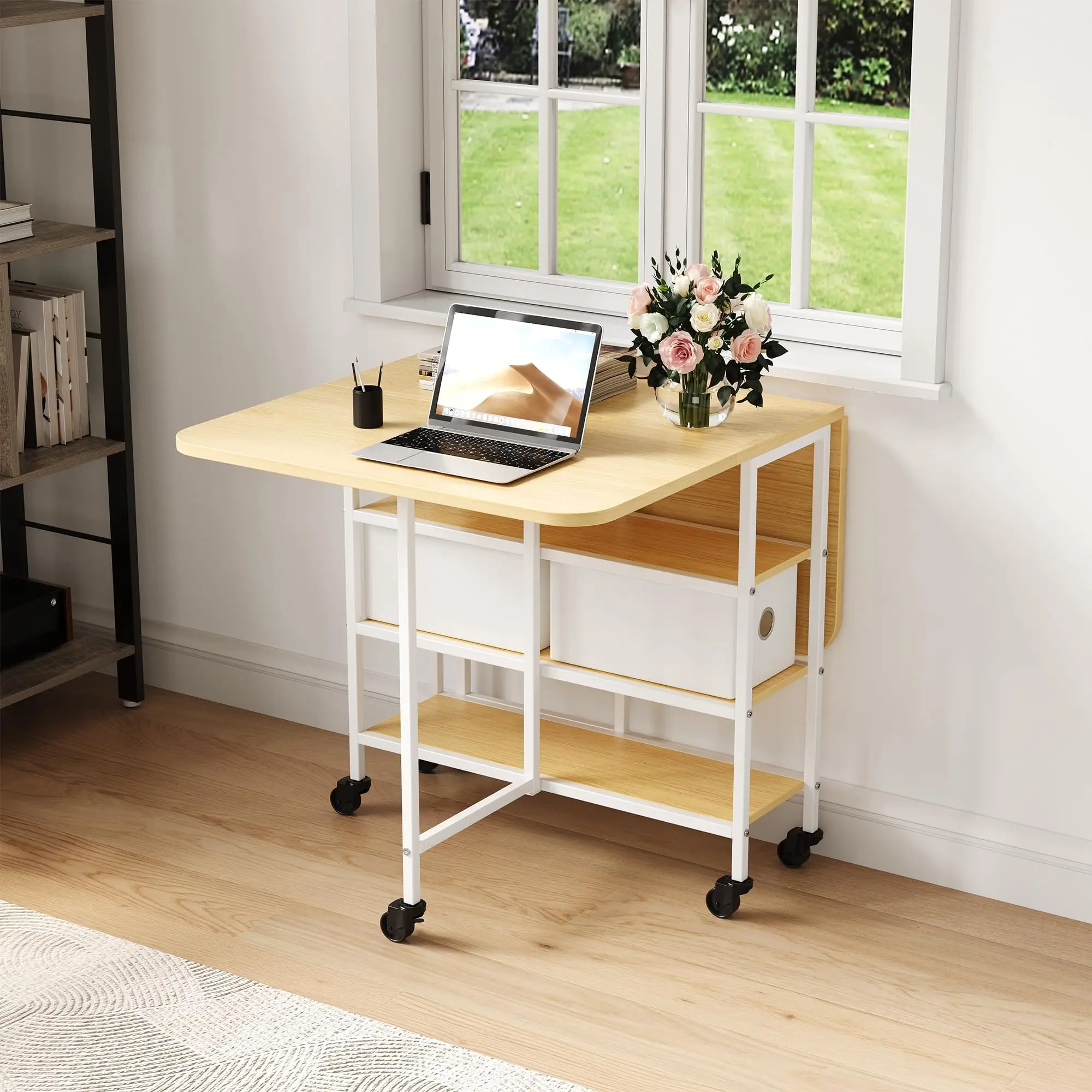Folding Drop Leaf Dining Table With Drawer And 2 Shelves, Rolling Kitchen Table On 6 Locking Wheels For Small Spaces Home Office