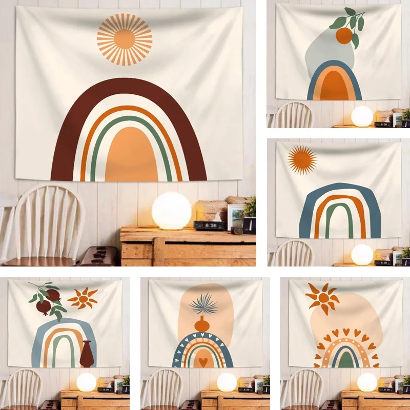 Boho Abstract Rainbow Tapestry Mid Century Sun Wall Hanging Geometric Polyester Wall Art for Living Room Bedroom Dorm Decor