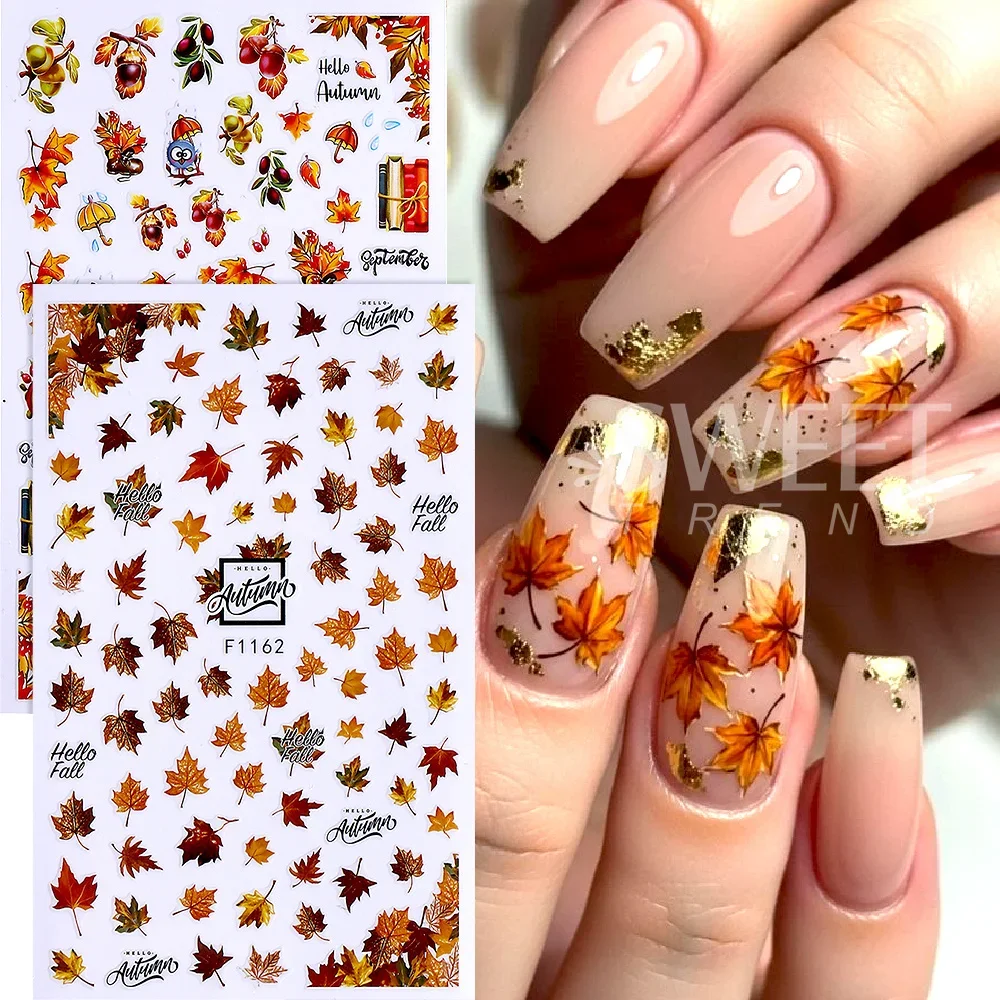 SWEET TREND-5pcs/10pcs Autumn Nail Stickers Cartoon Fall Maple Leaves Pumpkin Elk Self-Adhesive Decal Halloween Manicure Decor