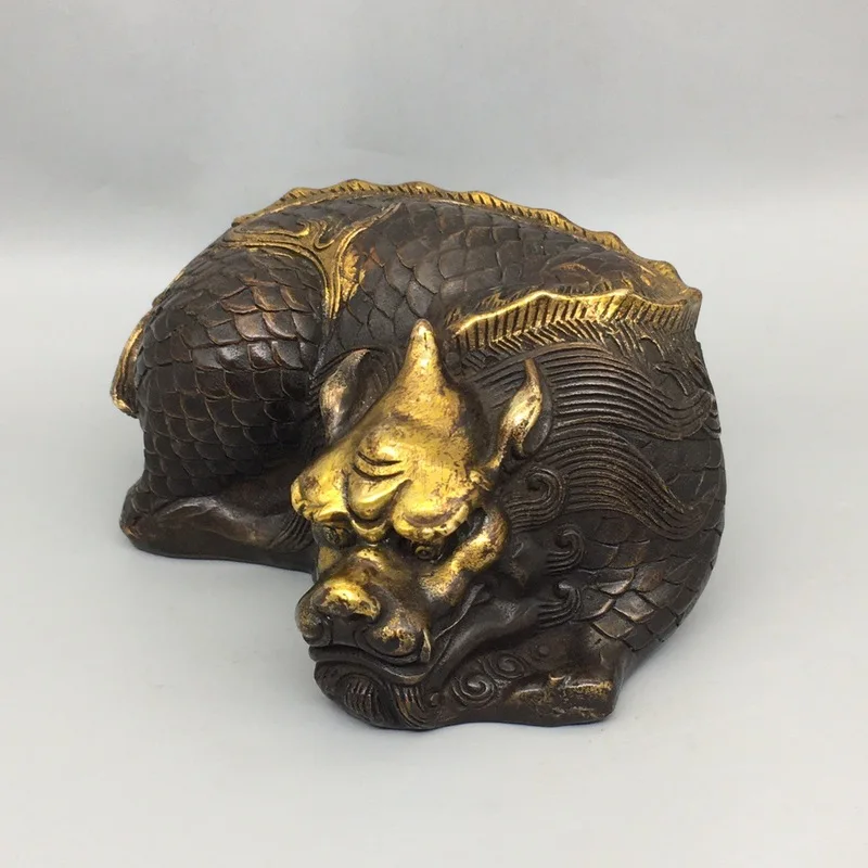 Gilt copper golden-swallowing beast Qilin ornament, lying beast decoration for home and shop desktop, business gift