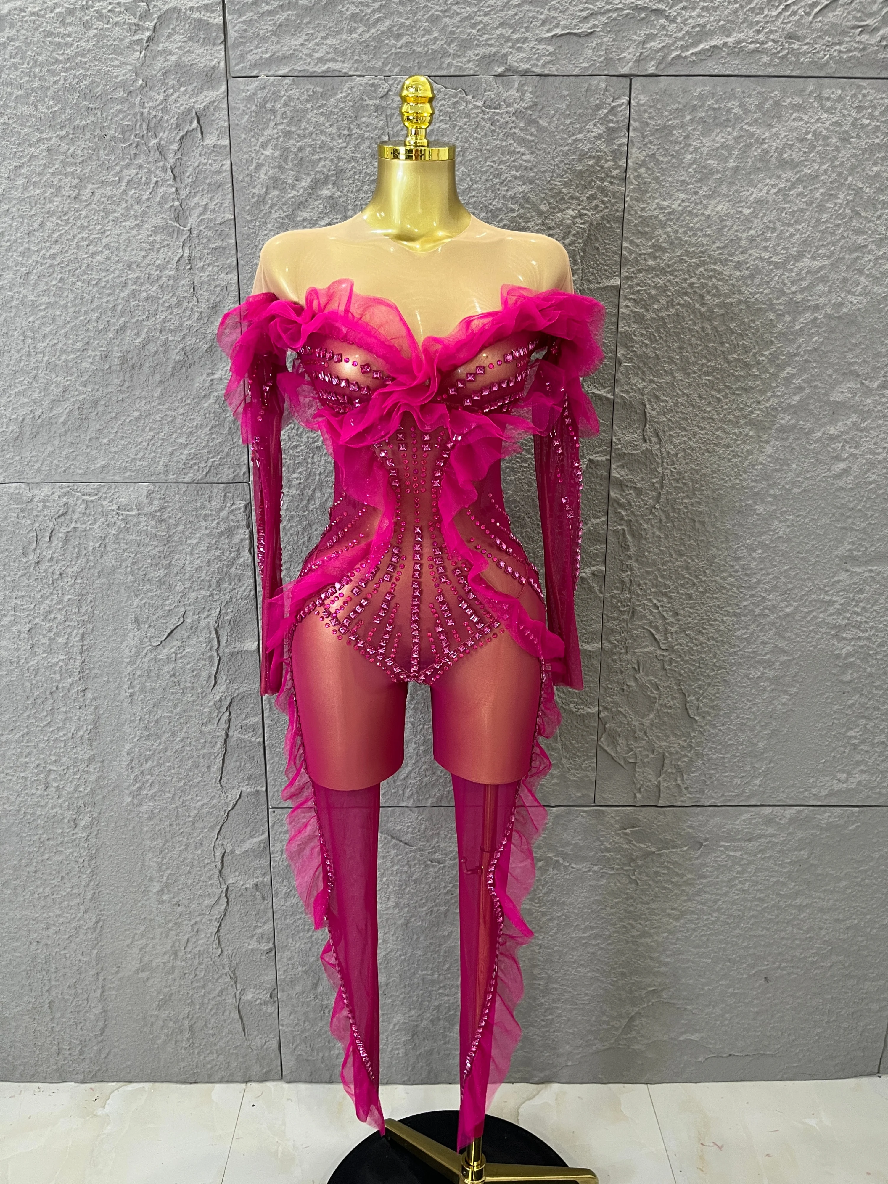 Luxurious 2026 Off-Shoulder Neckline Rhinestone Sheer Bodysuit Clubbing Festivals Special Occasions Stage Performance Outfit
