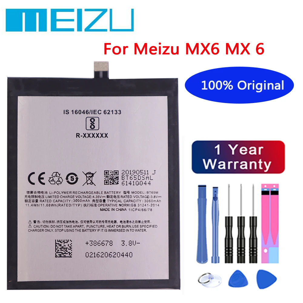 

100% Original Meizu High Quality 3060mAh BT65M Battery For Meizu MX6 MX 6 M X6 Mobile Phone Battery Batteries + Free Tools