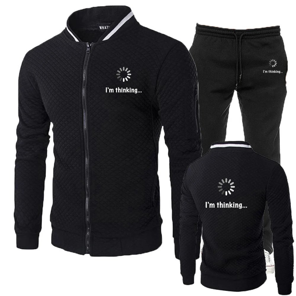 I‘m Thinking Funny Men's Solid Color Zipper Regular Fit Windproof Casual Outdoor Sports Daily Hoodies Fitness Pants Suits