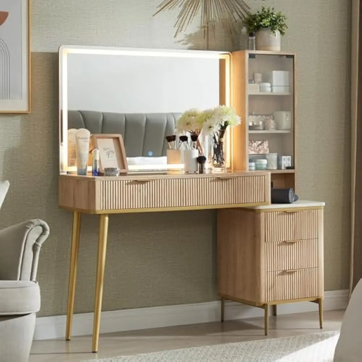 Fluted Natural Oak Vanity Desk 48 Inches Wide with 36 Inch HD Illuminated Mirror Adjustable Brightness Three Lighting Modes Glas