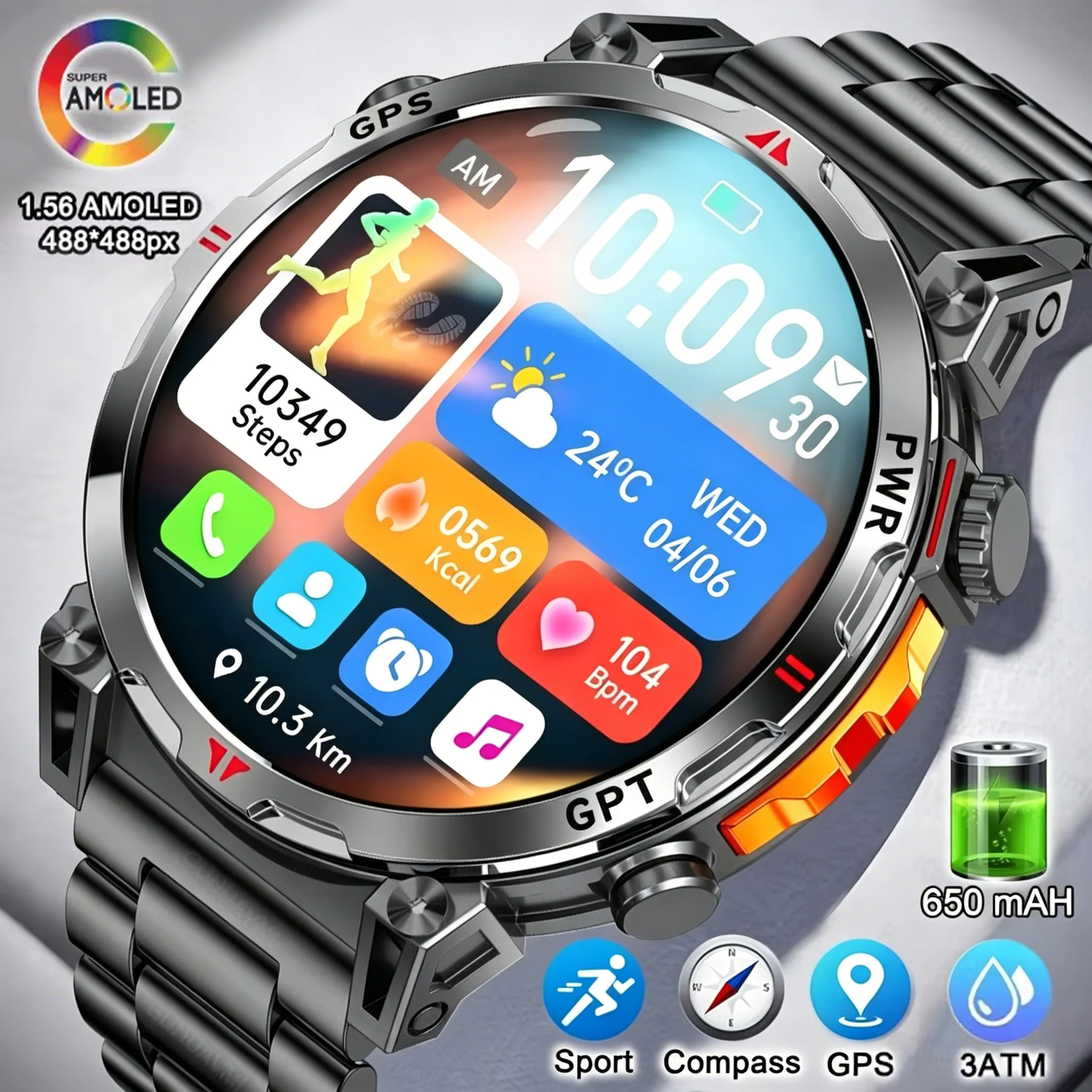 

2026 New Military GPS Sports Smart Watch Men Compass 3ATM Waterproof Swim Fitness Tracker AMOLED HD SmartWatches 650Mah Battery