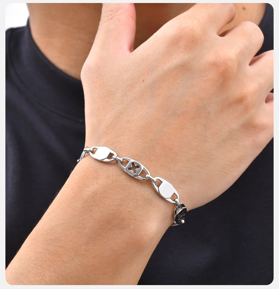 Vnox Edelstahl Kreuz-Oval-Gliederarmband, verstellbar, silberfarben, minimalistischer Armreif, Schmuckgeschenk für Herren, für den Alltag und Partys – Detail 3