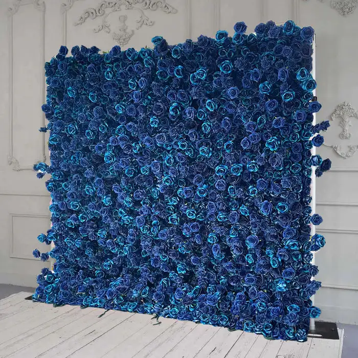 3D Ocean Blue Rose Peony artificial plant flower wall fabric Outdoor wedding background decoration Birthday party event layout