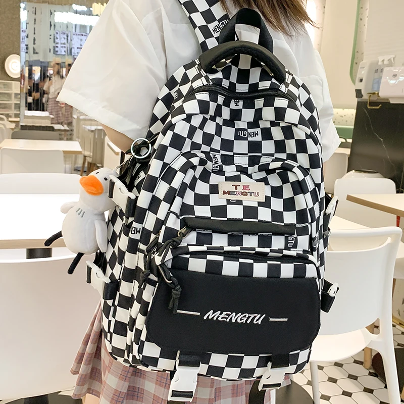 Black Students Backpack Nylon Cloth Plaid Letter Print Multi Pocket Large Lovers\' School Backpacks Kawaii Pendant Girls Knapsack