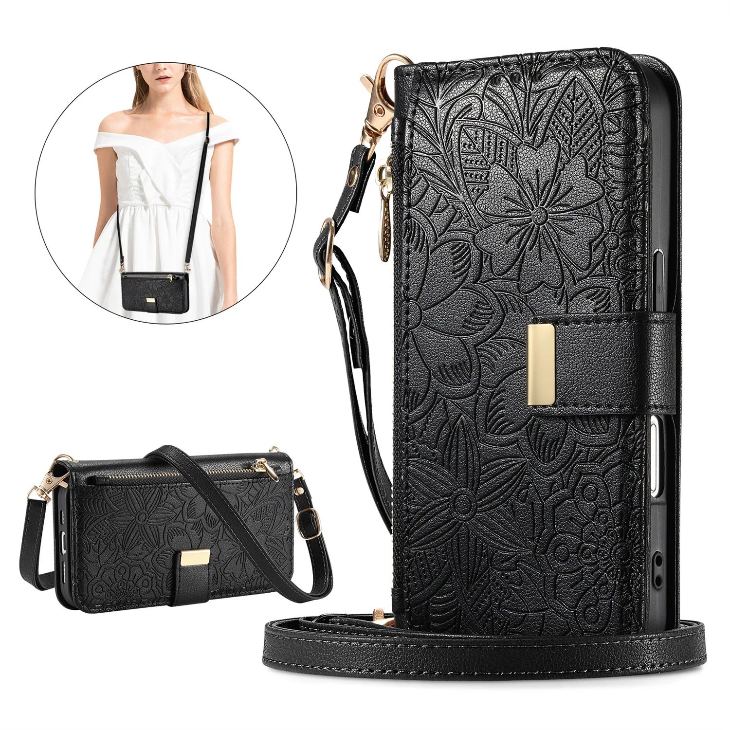 

Crossbody Zipper Wallet Case for Sharp Sense 9 Luxury Leather Lanyard Multi 6 Cards Slot Wristlet Flip Cover For Sharp Wish4