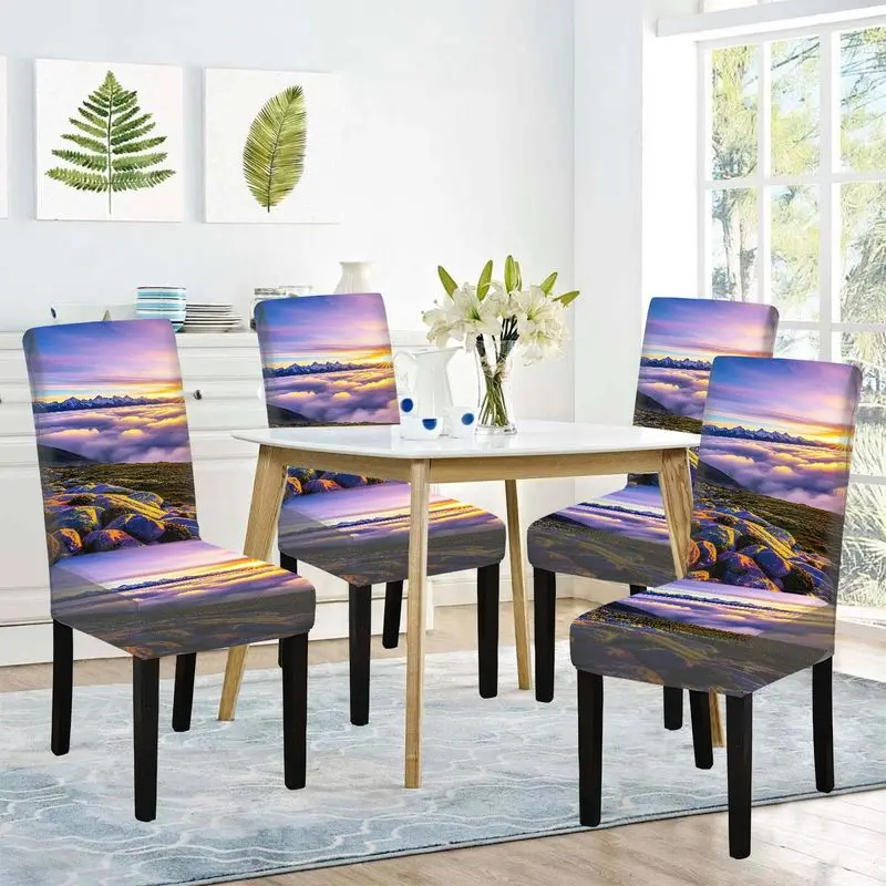 

Эластичный чехол для обеденного стула с рисунком гор, утреннего солнца, скал, облаков и моря, машинная стирка, чехол для мебели для домашнего декора