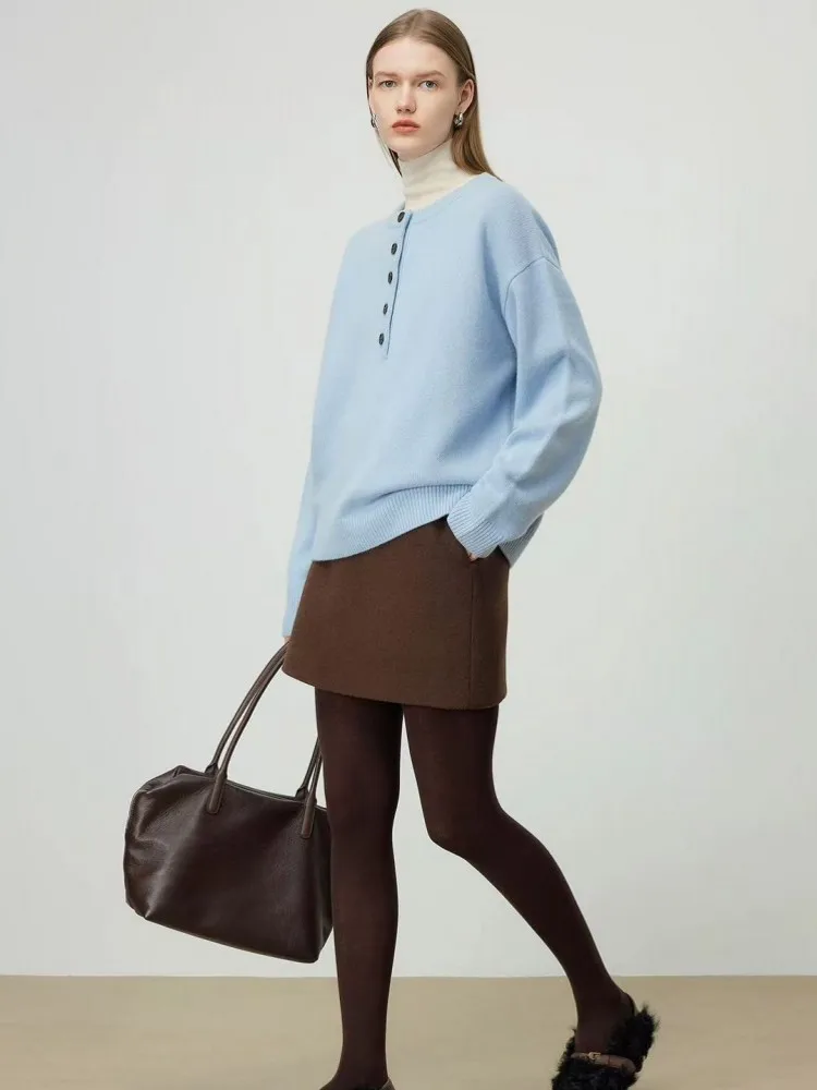 Nouveau Designer femmes 100% laine pull haut col rond boutons coupe ample pull pulls tricoté décontracté Streetwear pull à manches longues