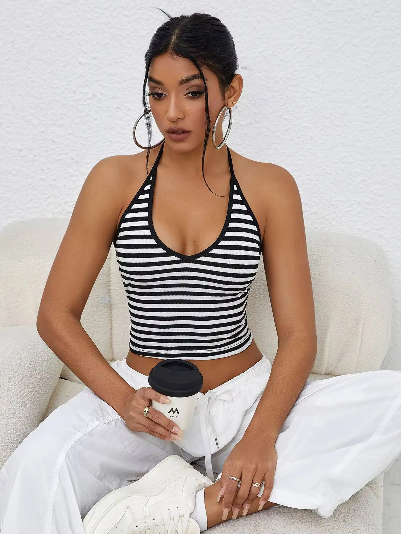 Sexy Casual Black White Stripe Halter Crop Top V Neck Ribbed Knit Slim Fit Tank Blouse, For Daily Streetwear Beach Summer Outfit