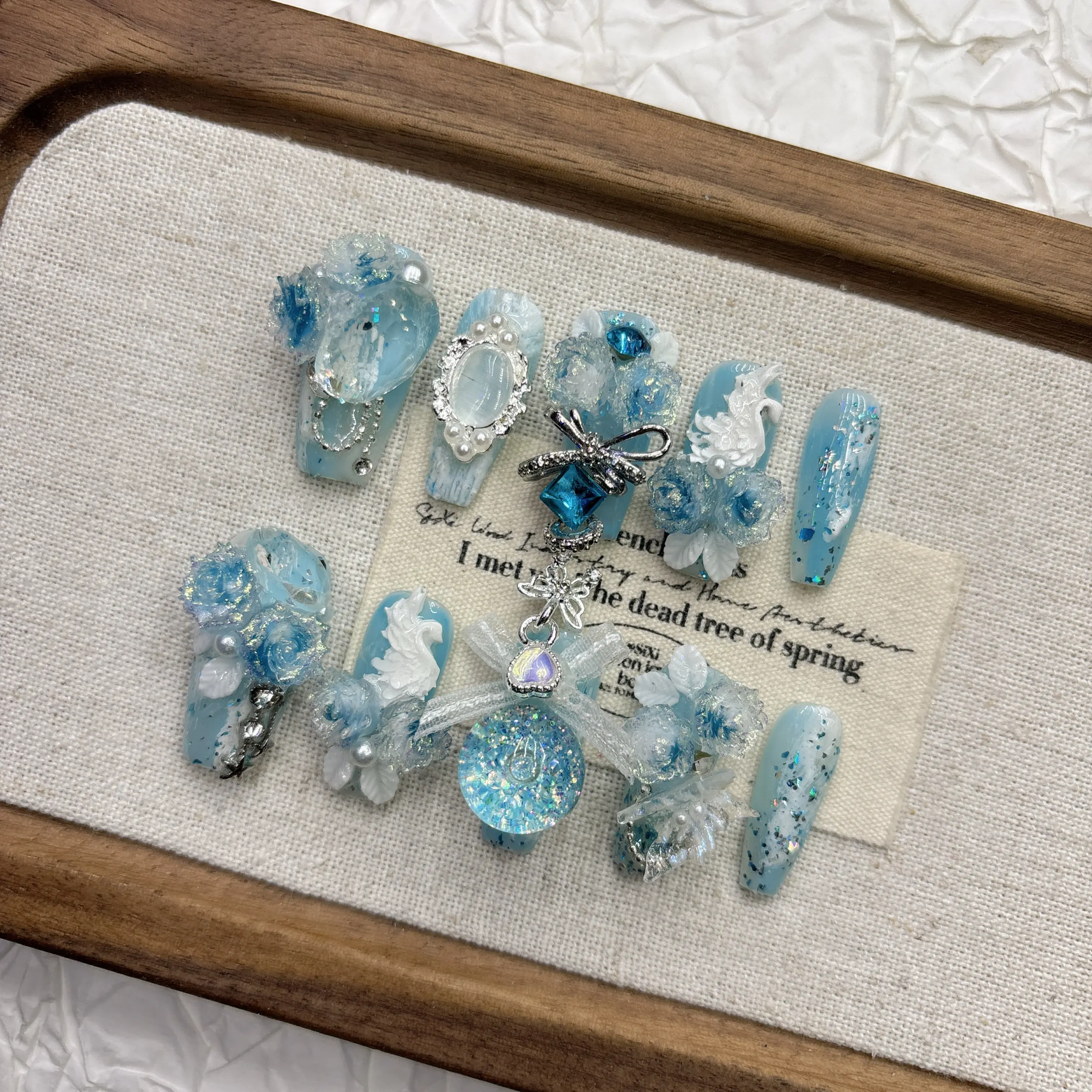 Ice Blue Mermaid Princess Press On Nails Long Almond Handmade False Nails With 3D Blue Rose White Swan Rhinestone Bow Pearl Gauz
