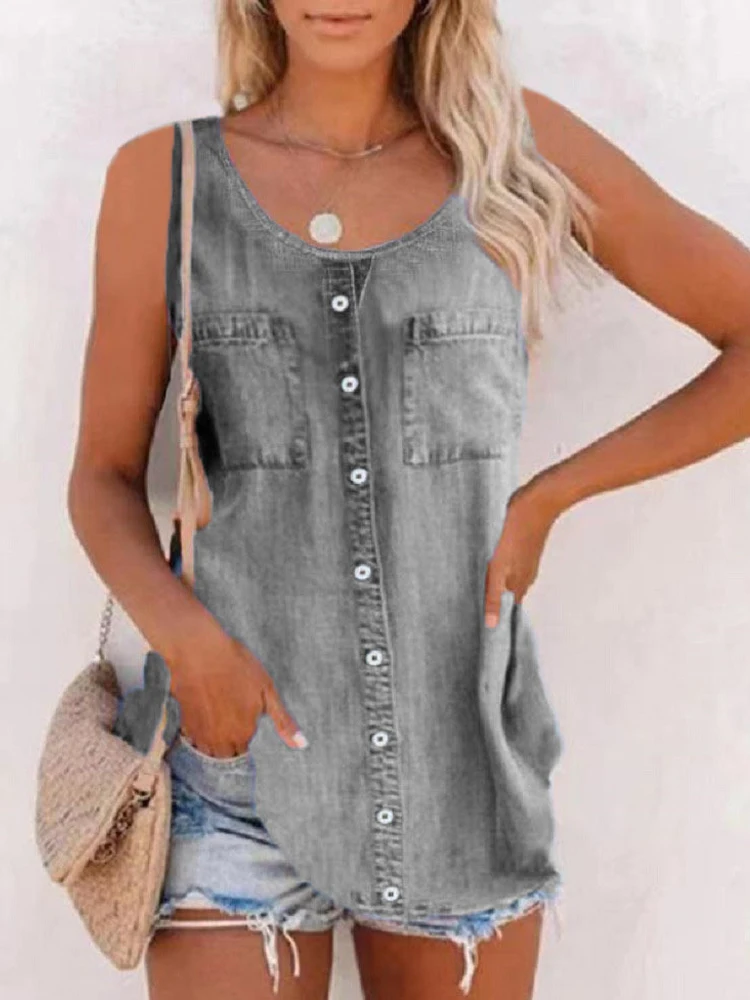 Summer New Tank Tops Fashion Loose O Neck T-shirts Imitation Cowboy Vest Women Casual Sleeveless Tops Blouse Street Wear