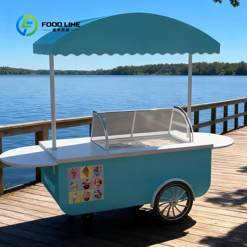 Large Spoke Wheel Mobile Gelato Cart, Hand Push Refrigerated Display Cart for Park Street Frozen Dessert Vending  Customized