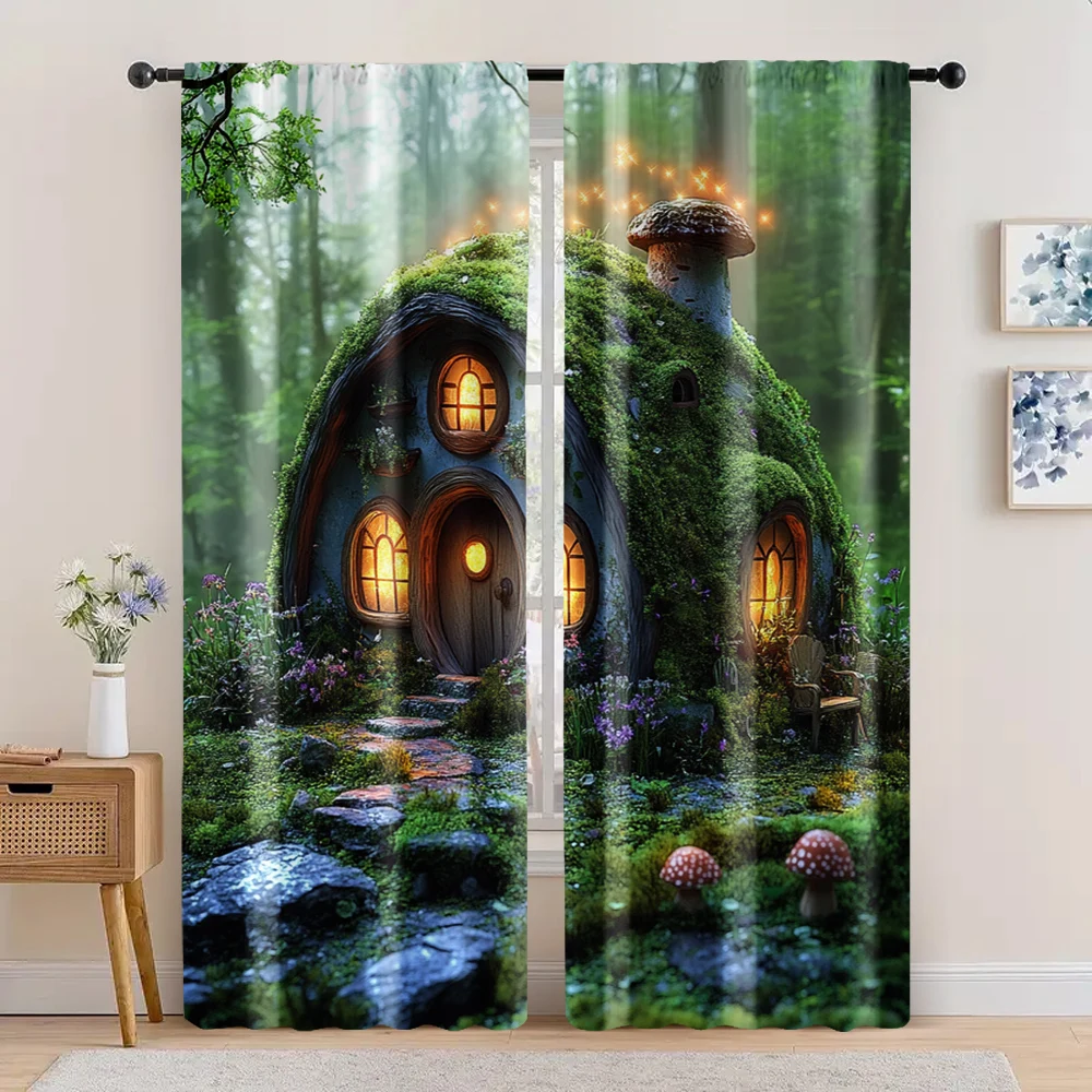 2pc,  Drapes Forest Background Tropical Jungle Rainforest Fabric,Without Electricity Holiday Decorations Applies to Indoor