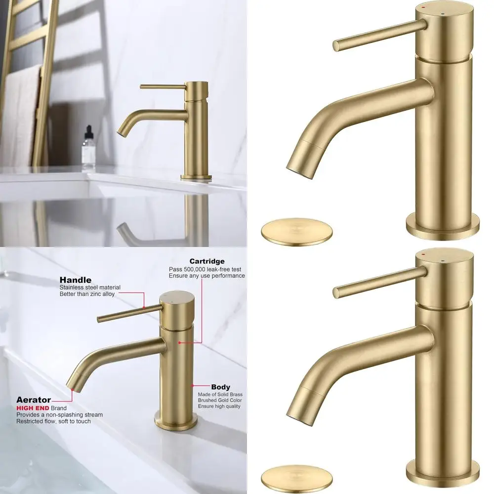 

Смеситель для ванной комнаты из матового золота с одной ручкой, выдвижным сливом и линиями подачи для раковины с одним отверстием