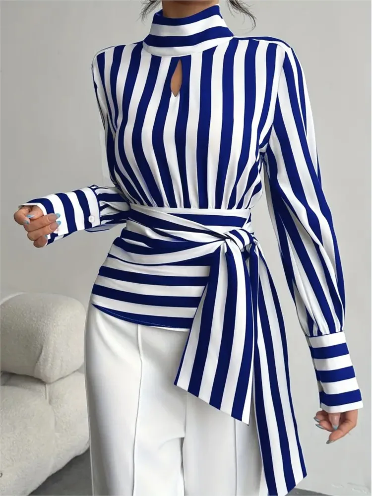 Retro Fashion Tie Waist Striped Blouses Top Women Autumn Fashion Long Sleeve Cutout Turtleneck Tops Woman Clothing Streetwear - Image 2