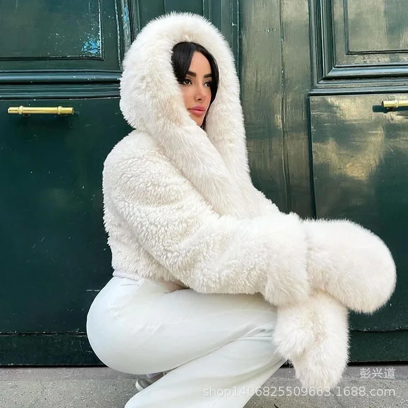 Minimalistische winter dames nertsbont jas pure kleur bontafwerking capuchon pluche eco bontjas voor dames veelzijdige warme vrouwelijke bontjas