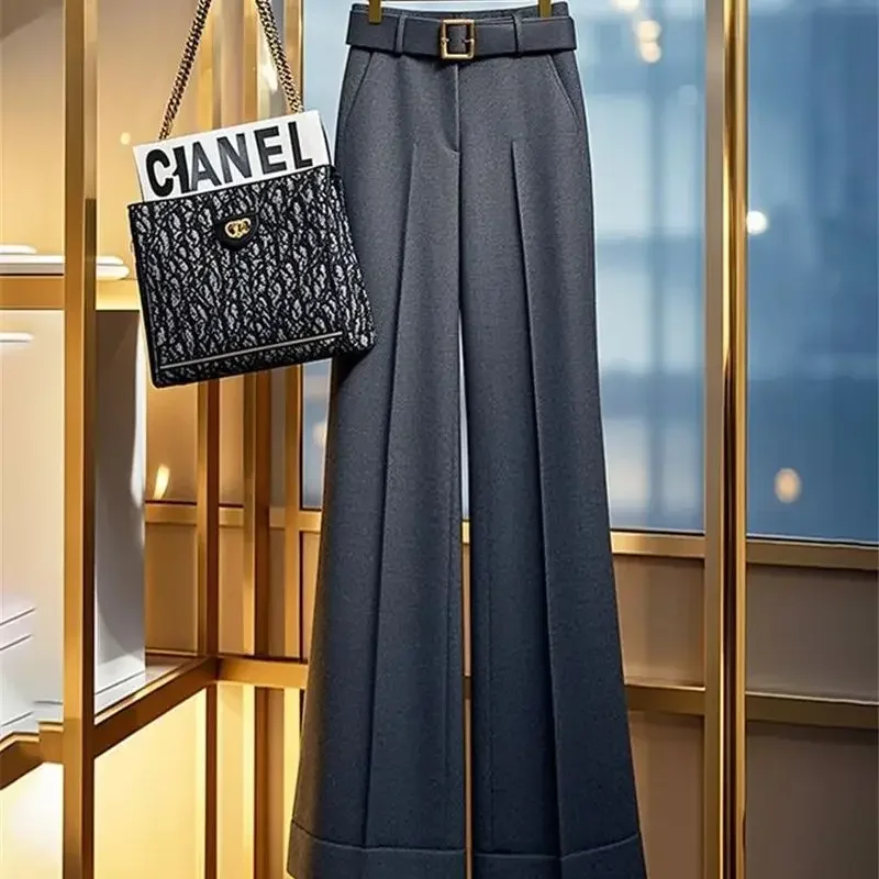 

Women Loose Straight Legs Long Pants Office Lady High Waist Trousers Autumn Winter 618P High-end Dark Gray Suit Pant