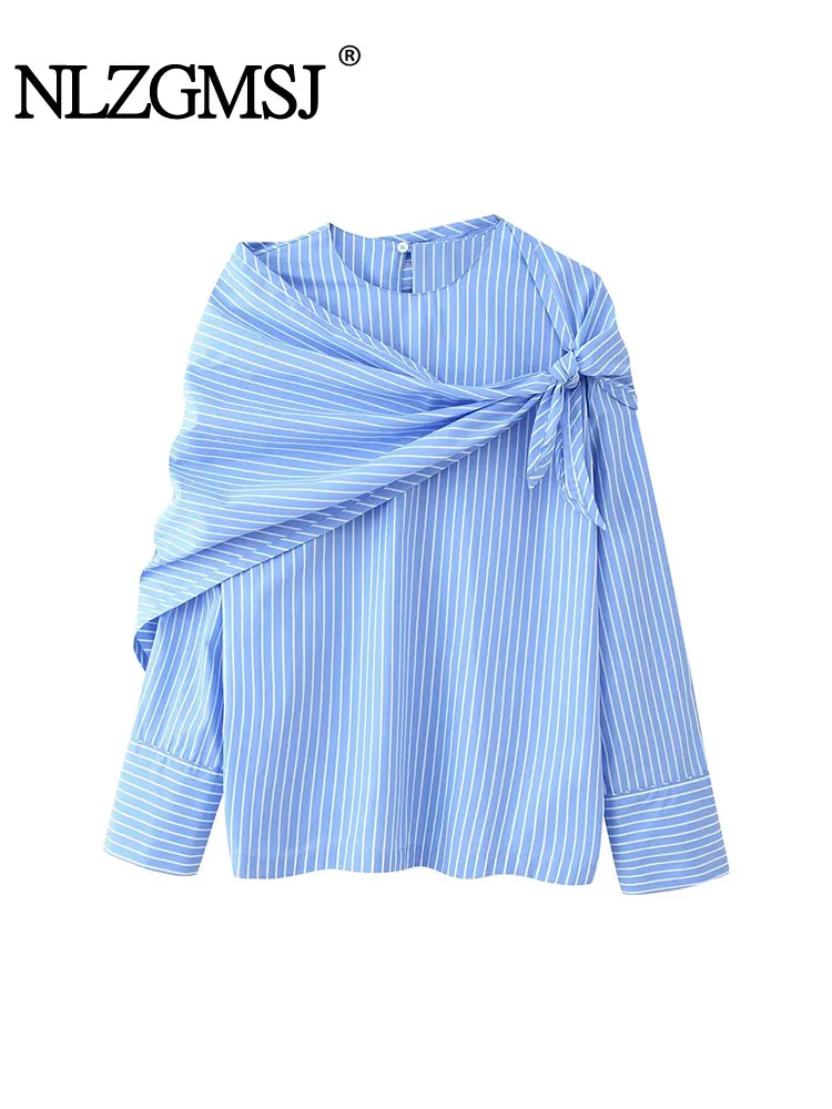 

NLZGSMJ Casual Striped Print O-Neck Shirts Women Long Sleeve Office Lady Shirts Fashion Autumn Wear a Scarf Blouses Top