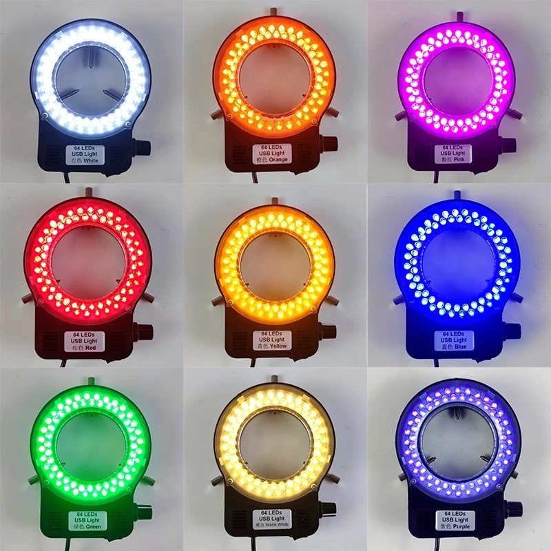 USB 64 LED Microscope Ring Lamp Purple Blue Green Orange Color Light Microscope UV Illumination 65mm Inner Diameter Adjustable
