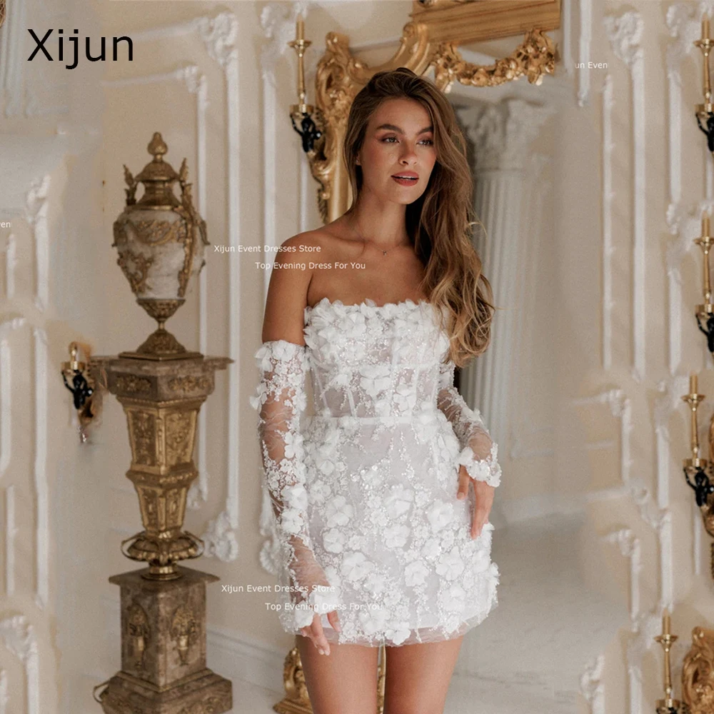 

Xijun Sexy Knee Mini Short Wedding Dress Saudi Arabia Lace Flower Printing Bridal Gown With Gloves Strapless A Line Prom Gowns