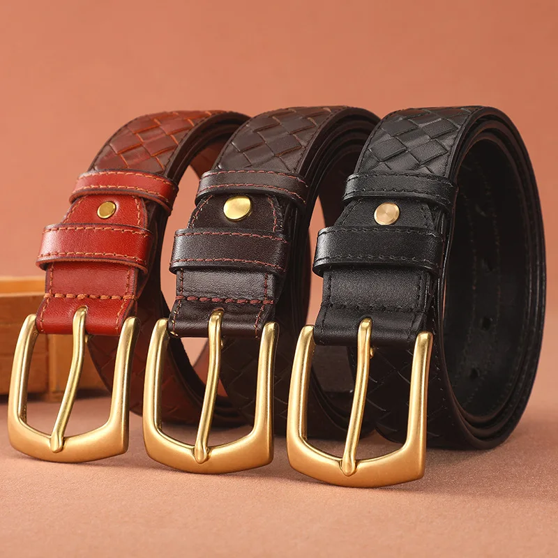 Men's Leather Jeans Belt with Stitch Design and Pin Buckle Fashion Leather Belts for Men Width:3.3cm Length:110-125cm