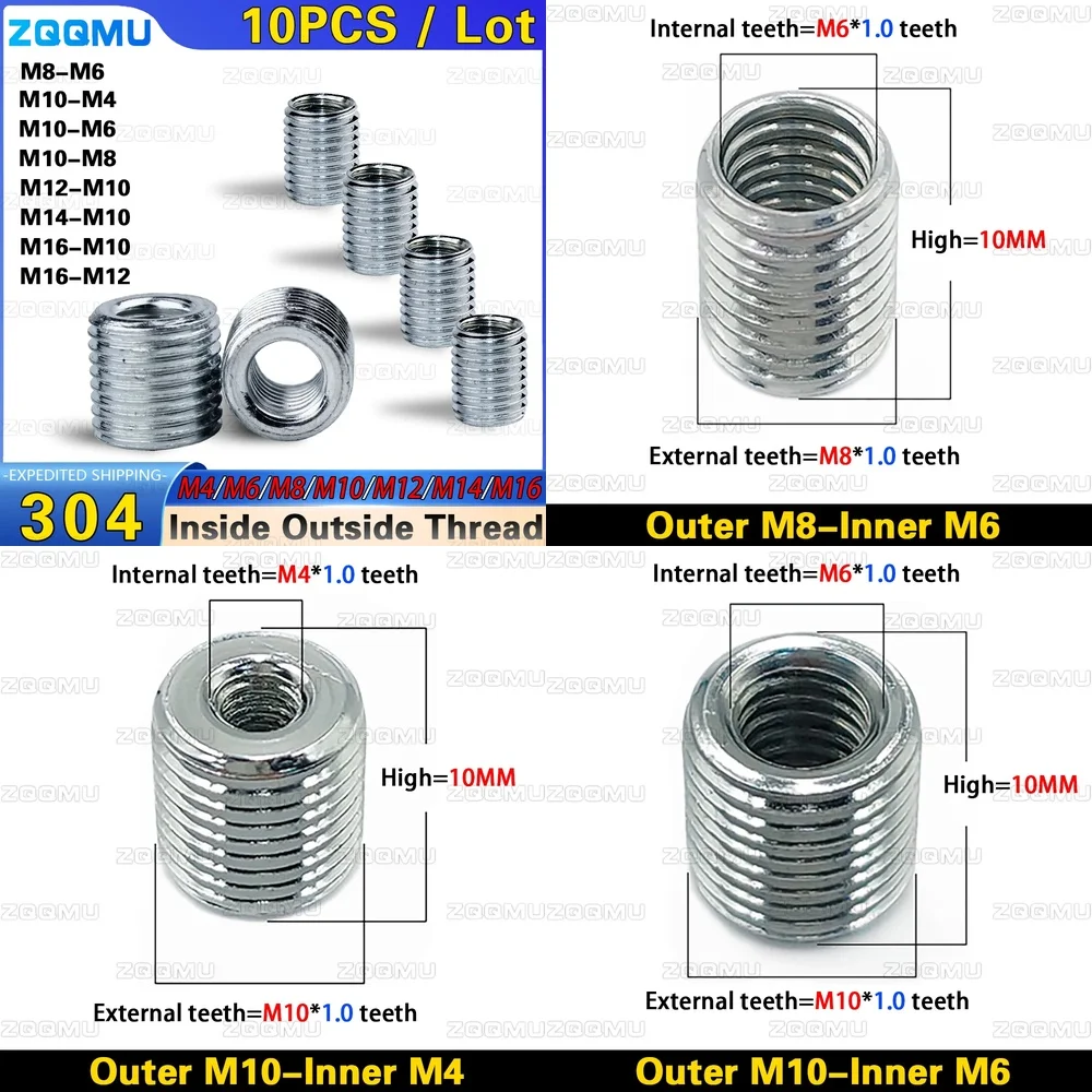 

10pcs Inside Outside Thread Adapter Screw Nuts Insert Sleeve Converter Coupler M4 M6 M8 M10 M12 M14 M16 304 Stainless Steel