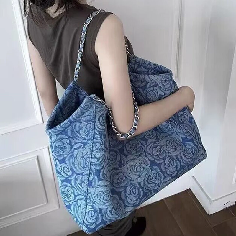 Denim Floral Tote Bags For Women Luxury Designer Handbags and Purses 2023 New In Lady Chain Large Capacity Shopper Shoulder Bag