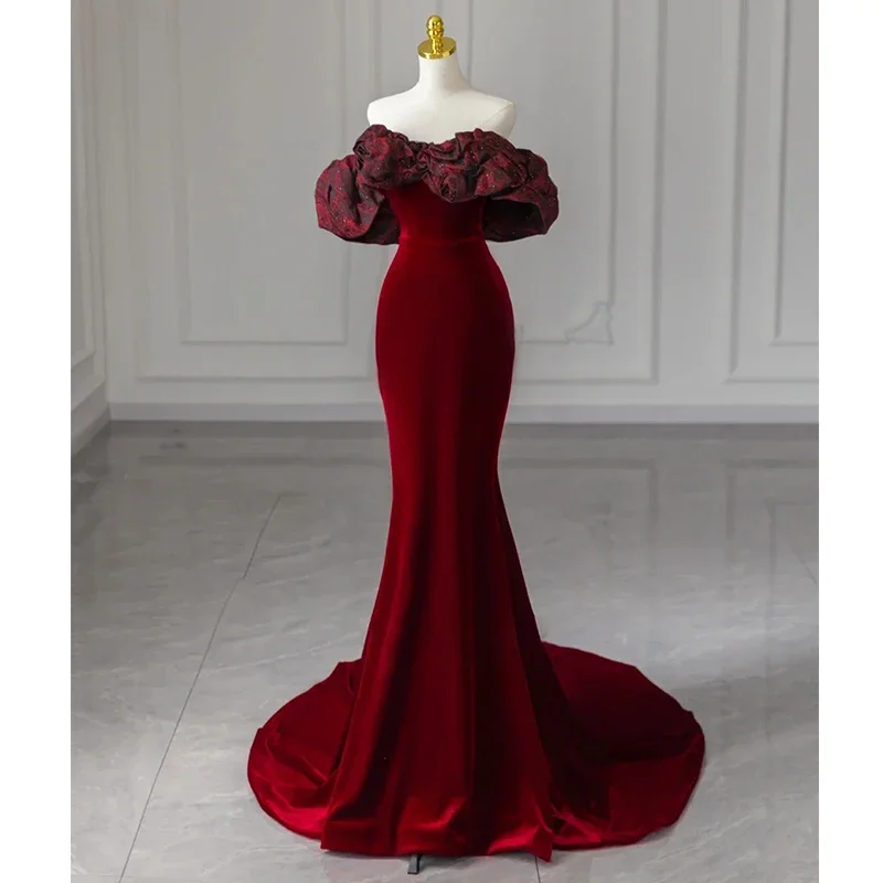 Customized  Wine Red Velour Mermaid Evening Dress Sexy Sweep Train Fishtail Formal Party Gowns for Women Vestidos De Fiesta